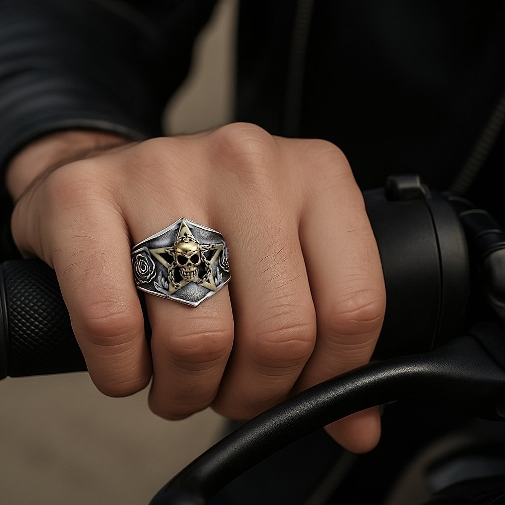 silver rider skull and pentacle signet ring for men